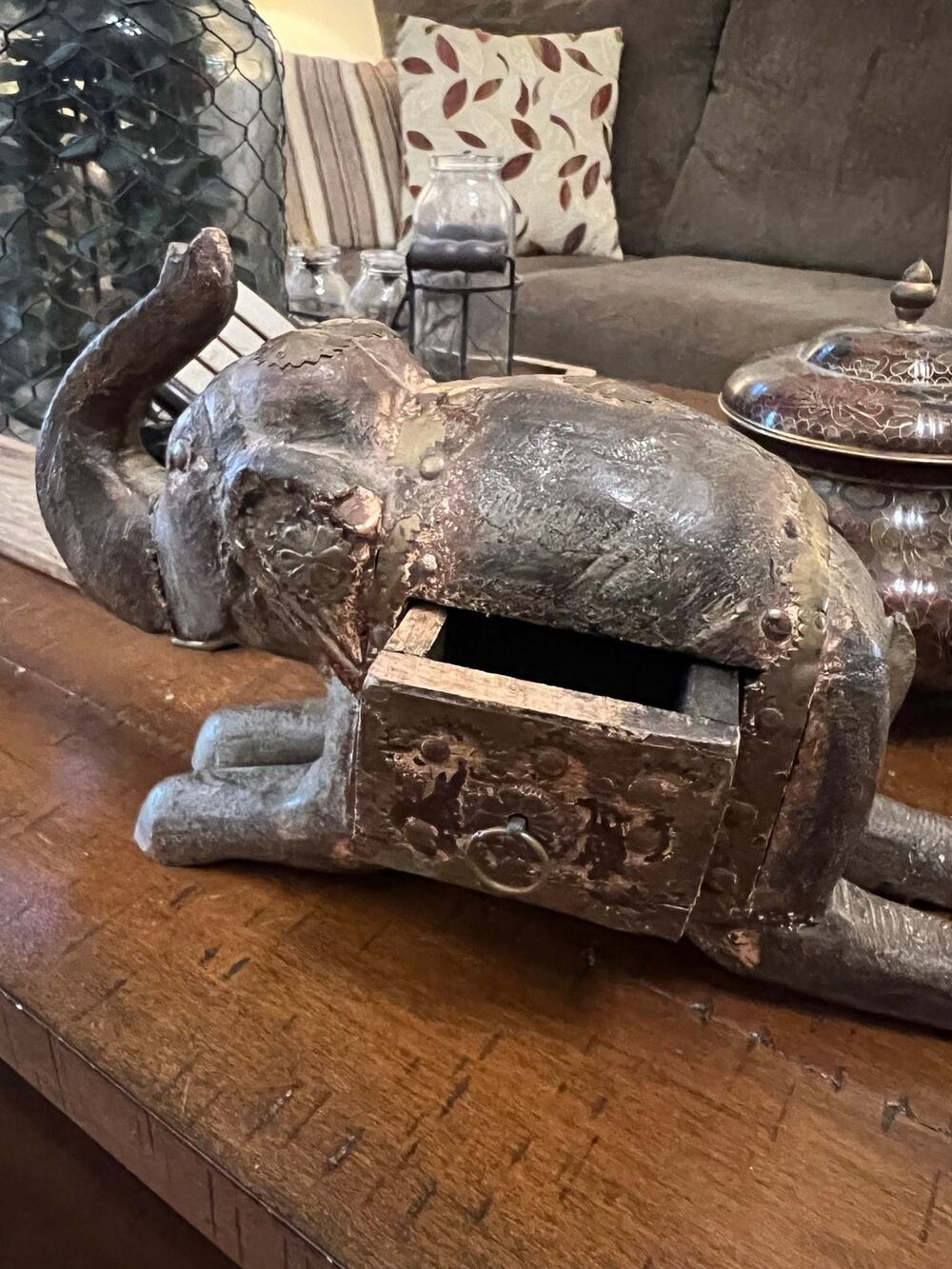 Brass & Wood Elephant Box With Drawer